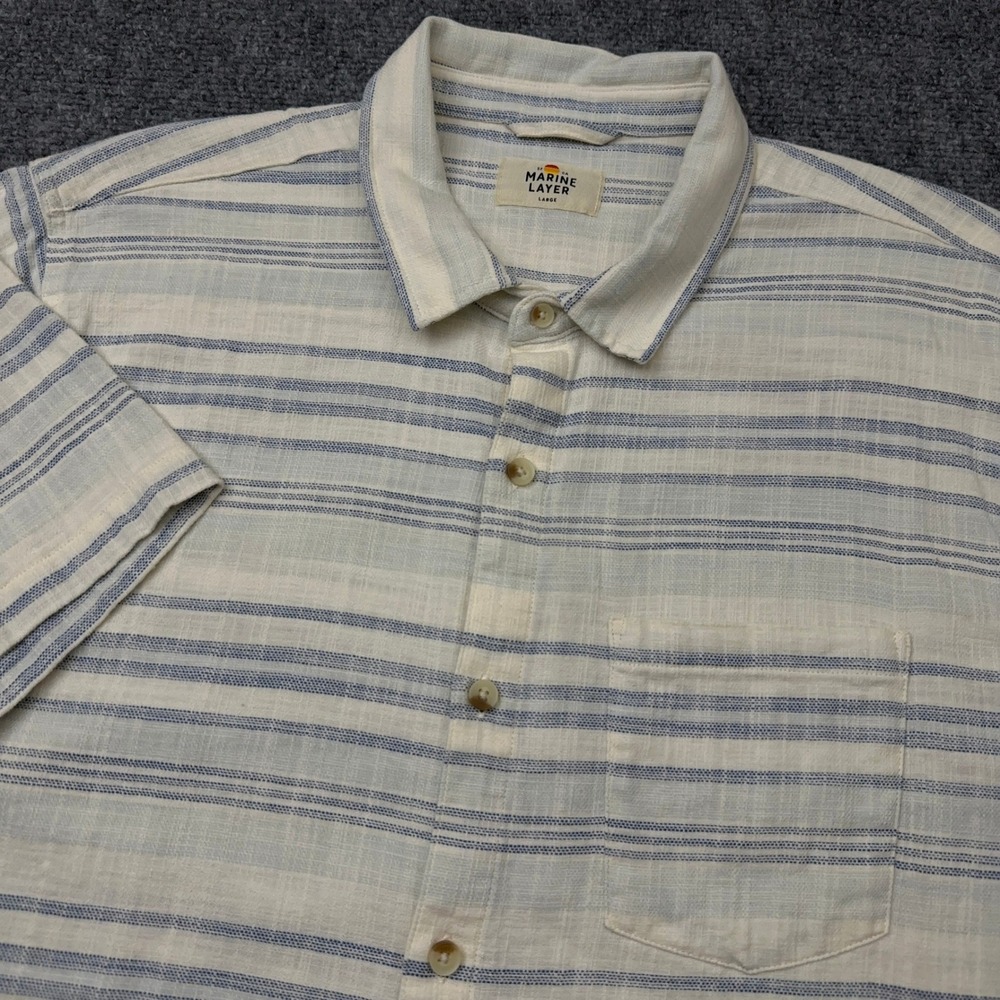 Marine Layer Stretch Selvage Short Sleeve Shirt Men's Large Cream Striped Button